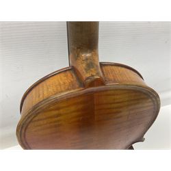 German trade violin c1900 copy of a Maggini with 36.5cm two-piece maple back and ribs and spruce top; double scroll; L60cm overall; in carrying case