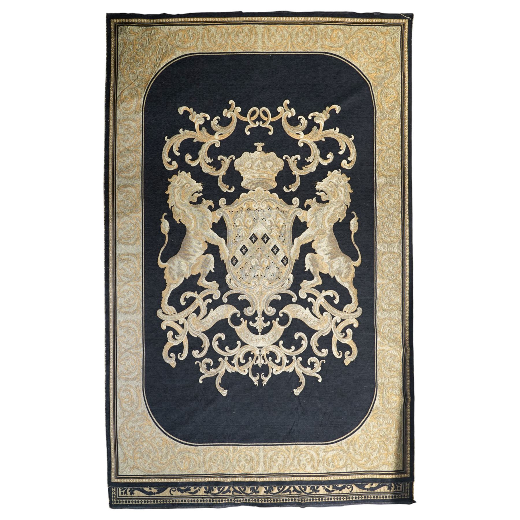 Large heraldic wall hanging, decorated with gilt threads, the central coat of arms over Latin motto 'Mea Gloria Fides' or 'Faith is my Glory',  174cm x 255cm