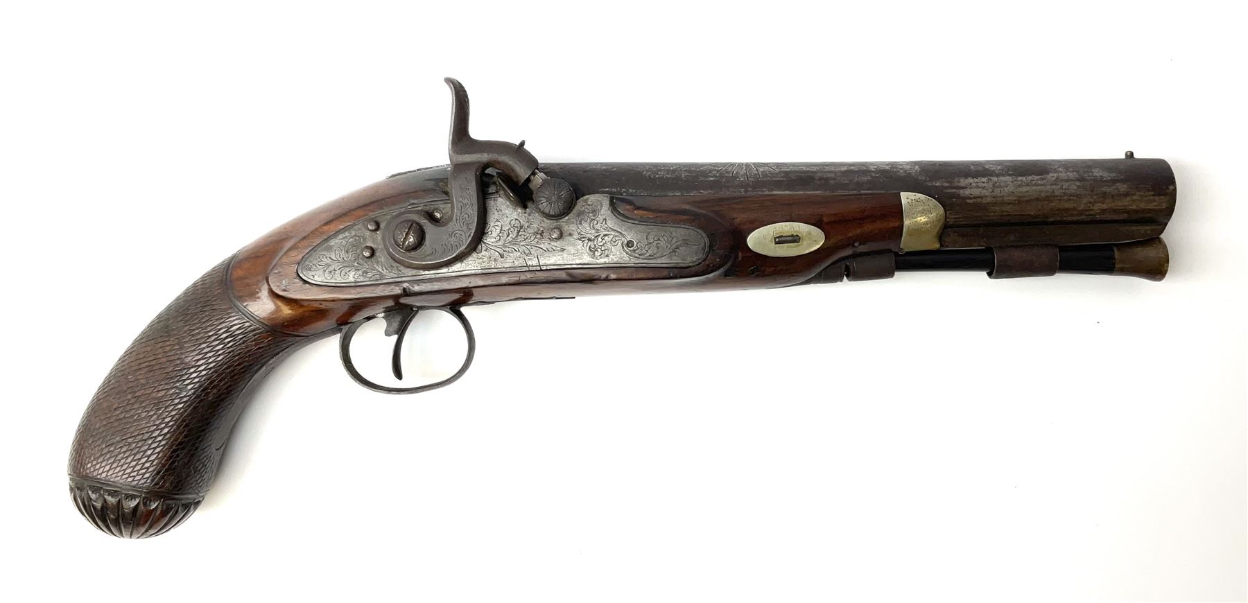 19th century flintlock converted to percussion cap target pistol, the 20.5cm barrel engraved with a sunburst motif to the top and ramrod under, foliate engraved lock-plate and trigger guard, silver plated fittings, walnut stock with chequered grip and melon fluted butt L35.5cm overall