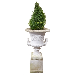  Large white finish composite stone two handled garden urn, scroll and lobed body square base, and pedestal, H126cm  