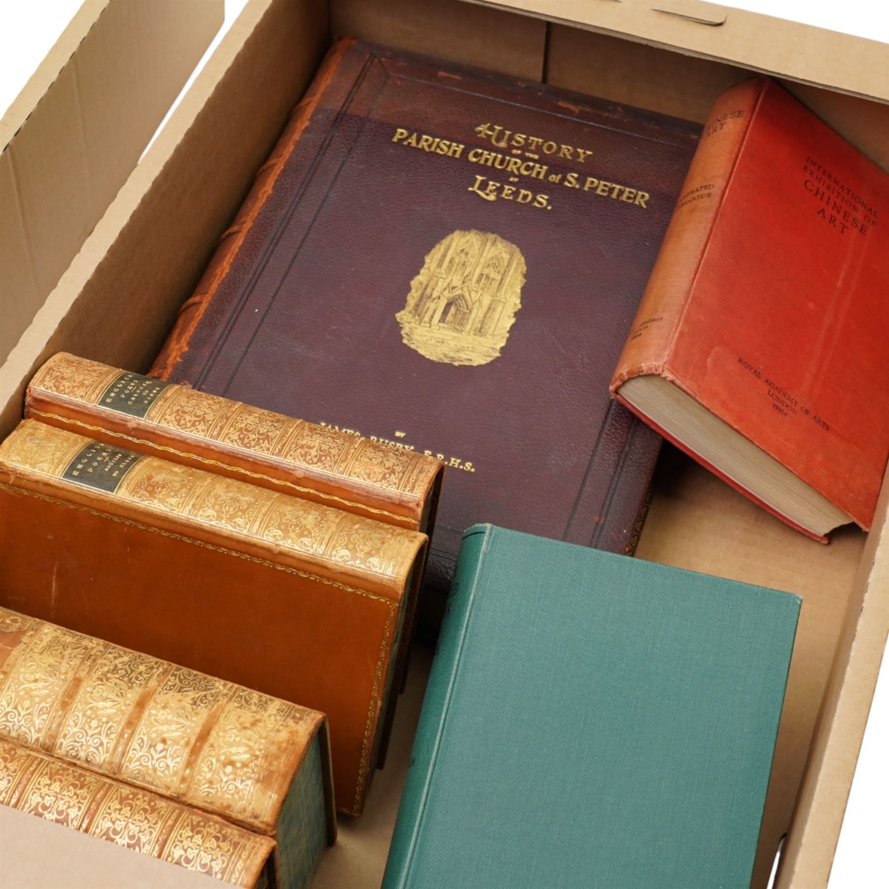 Rusby, James - 'History of St Peters Leeds' 1896 limited edition 133/350, 'International Exhibition of Chinese Art 1935-6', various leather bound and other books
