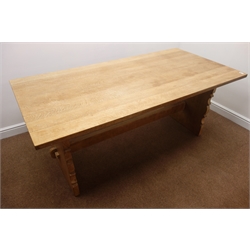  Light oak refectory style dining table, shaped solid end supports joined by single stretcher, 184cm x 91cm, H76cm  