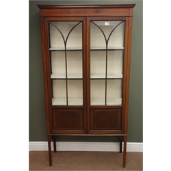  Edwardian inlaid mahogany display cabinet, two astragal glazed doors enclosing shelves, square tapering supports, W88cm, H169cm, D32cm  
