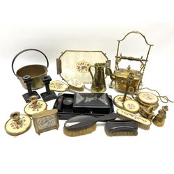 A group of assorted collectables, to include an ebony and silver mounted dressing table set hallmarked for London, together with a further dressing table set, a brass spirit kettle, small jam pan, and Art Nouveau jug stamped beneath JS&S, etc.

