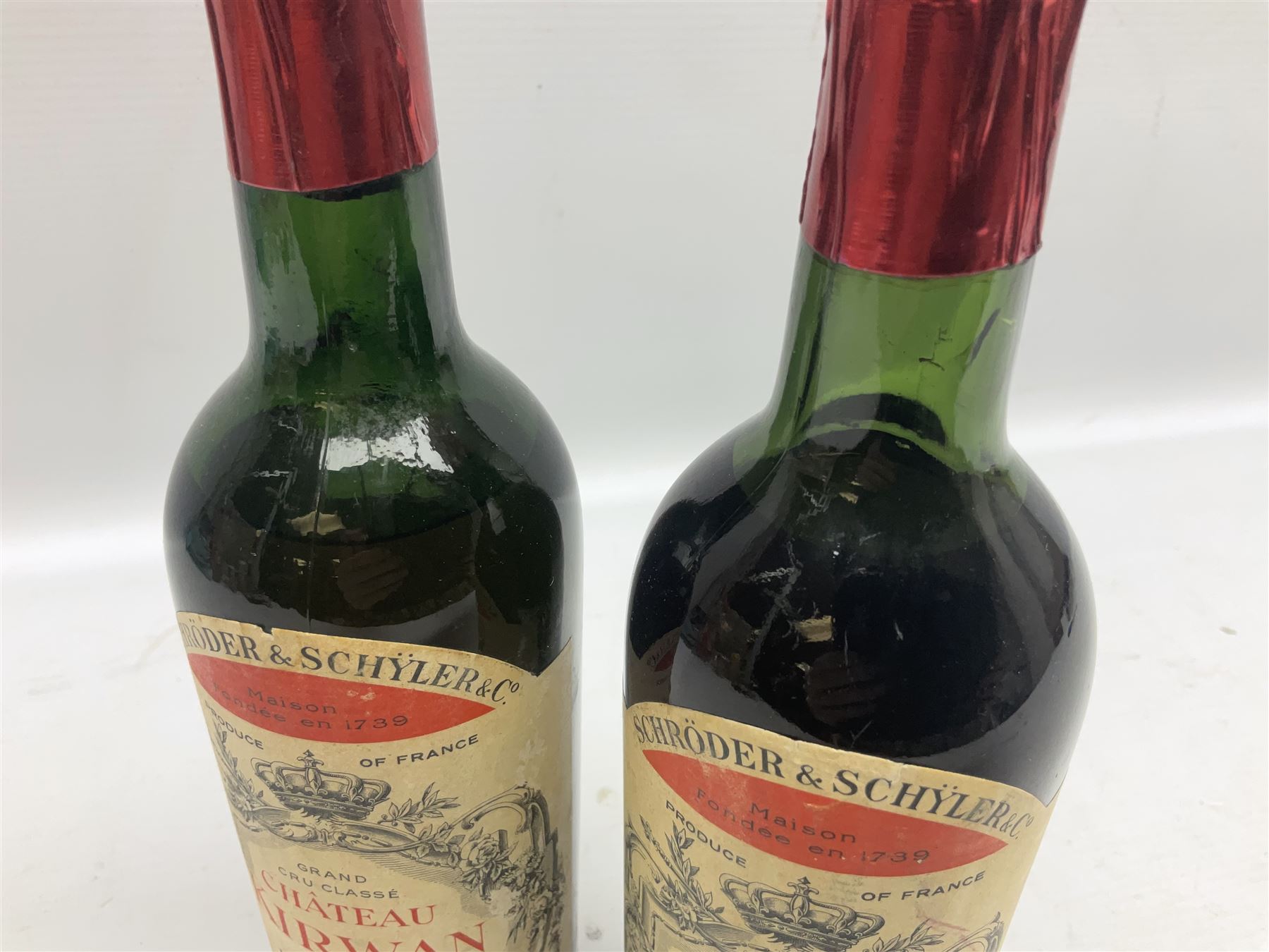 Grand Cru Classe Chateau Kirwan Haut-Medoc 1957 wine, unknown contents and proof, two bottles (2)
