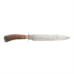 Unwin & Rodgers horn handle Bowie knife with leather scabbard, L33cm  