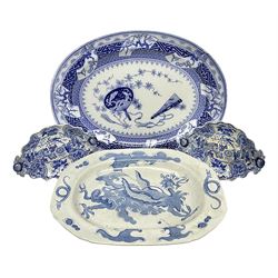 Minton Bombay pattern platter, together with Mason's meat platter, decorated with mythical beast, and two Cauldron Place Opaque China dishes 