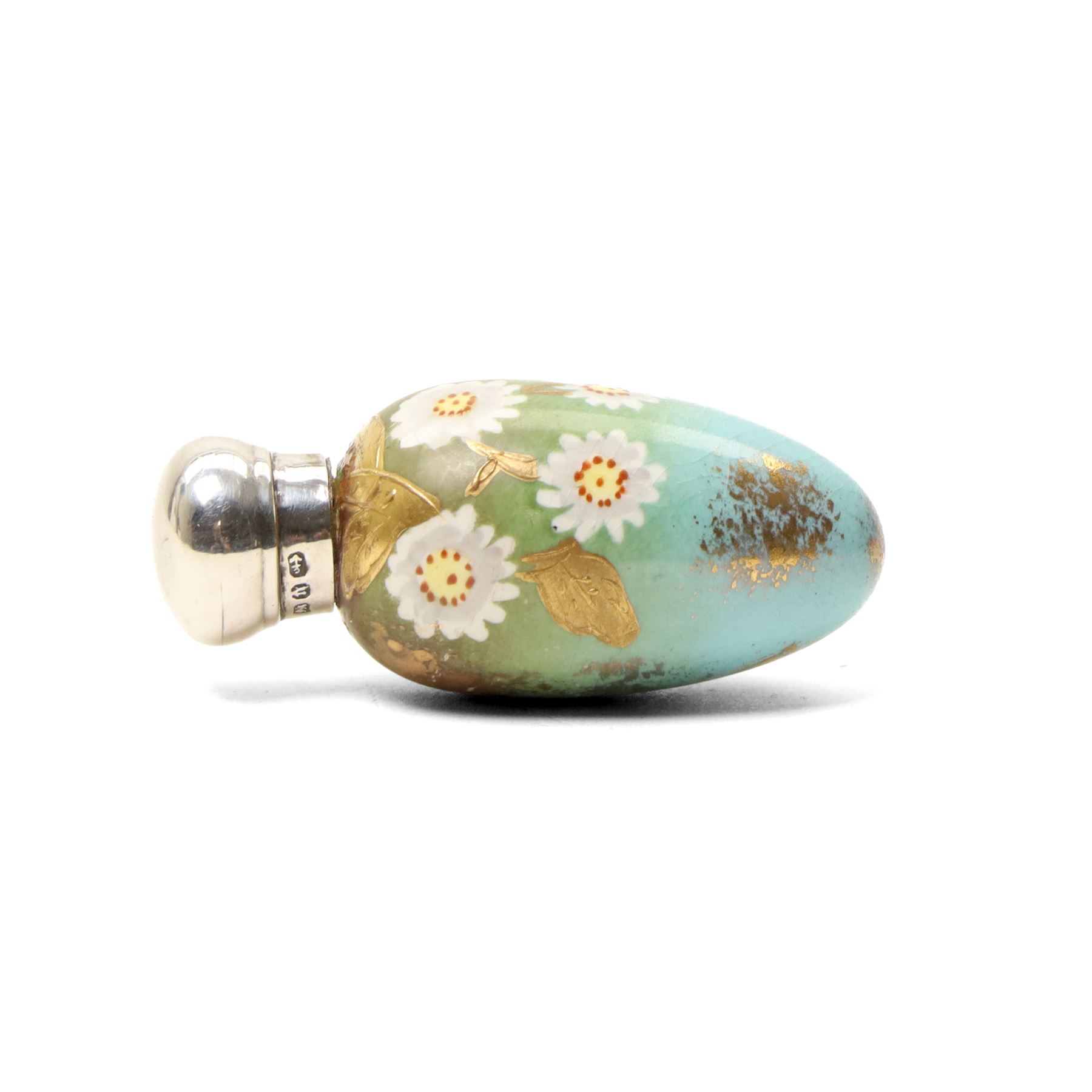 Victorian silver and porcelain scent bottle, painted with flowers on a gilt, blue and green sponged ground, maker GW, Birmingham 1887, L5cm