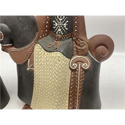 Leonard Stockley; two studio pottery figures modelled as a king and queen upon horses, both signed beneath,  H25cm