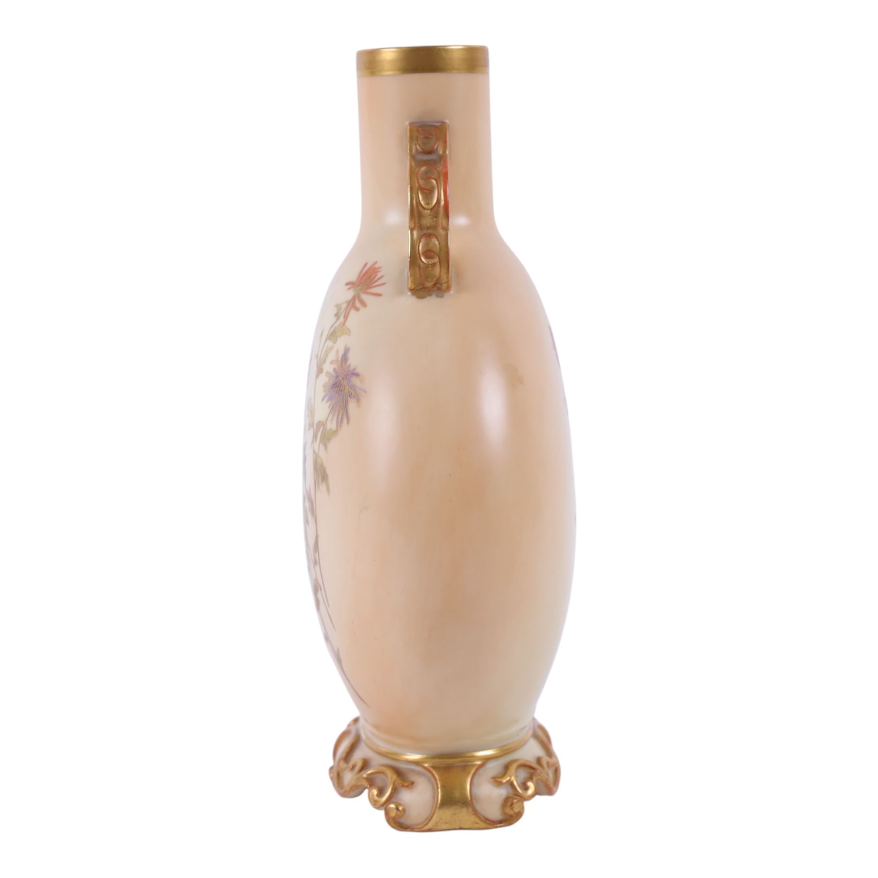 Royal Worcester Blush Ivory Moon Flask, decorated with floral sprigs, with gilt handles, puce mark beneath, H22cm