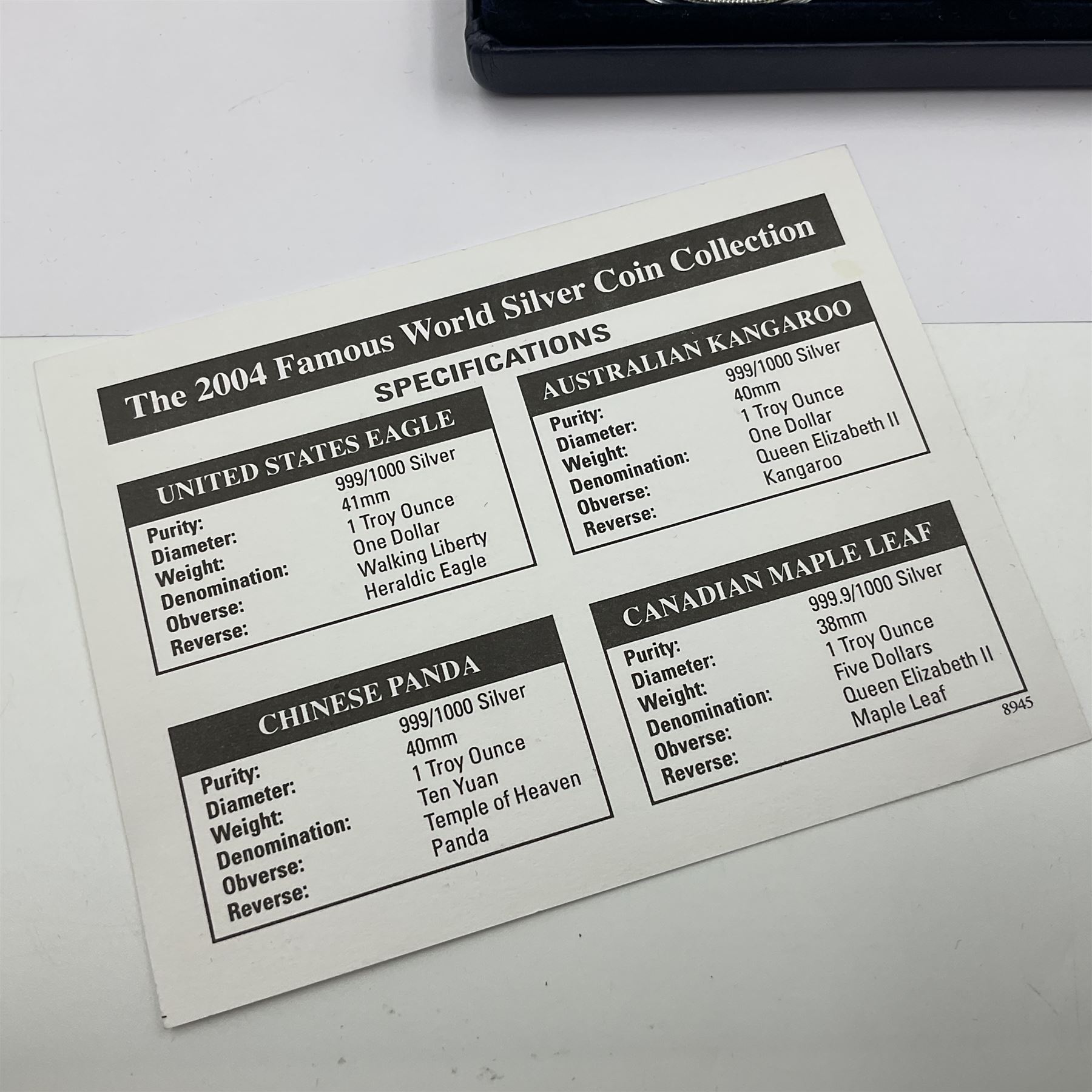 Four one ounce fine silver coins, forming 'The 2004 Famous World Silver Coin Collection', comprising United States eagle, Australian kangaroo, Chinese panda and Canadian maple leaf, cased with Westminster certificate 