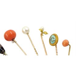 Victorian and later gold stick pins including gold coral, turquoise, pearl, fly and citrine and two white metal agate and insect pins