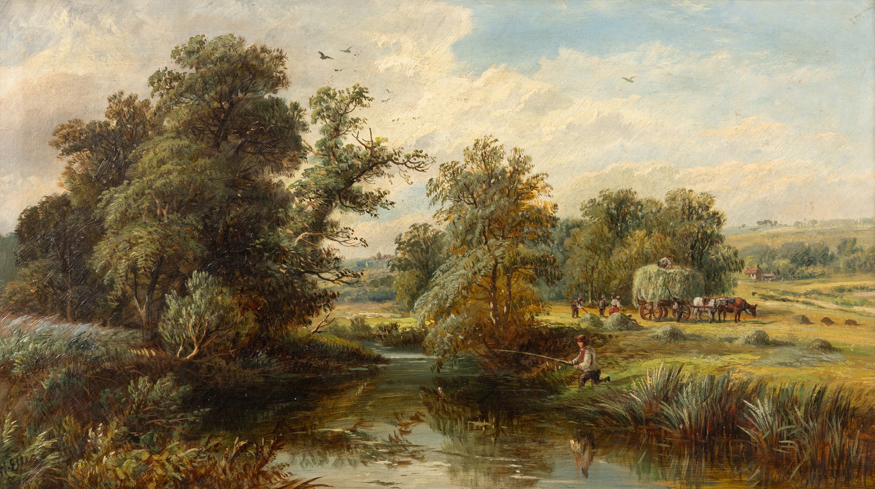 Walter Erasmus Ellis (British 1849-1918): Angler on the Riverside, oil on canvas 29.5cm x 52.5cm