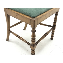 Victorian satinwood and beech bedroom chair, scroll carved cresting rail above upholstered back and drop in seat, barley twist uprights with pointed finials, turned front supports and stretchers, H93cm