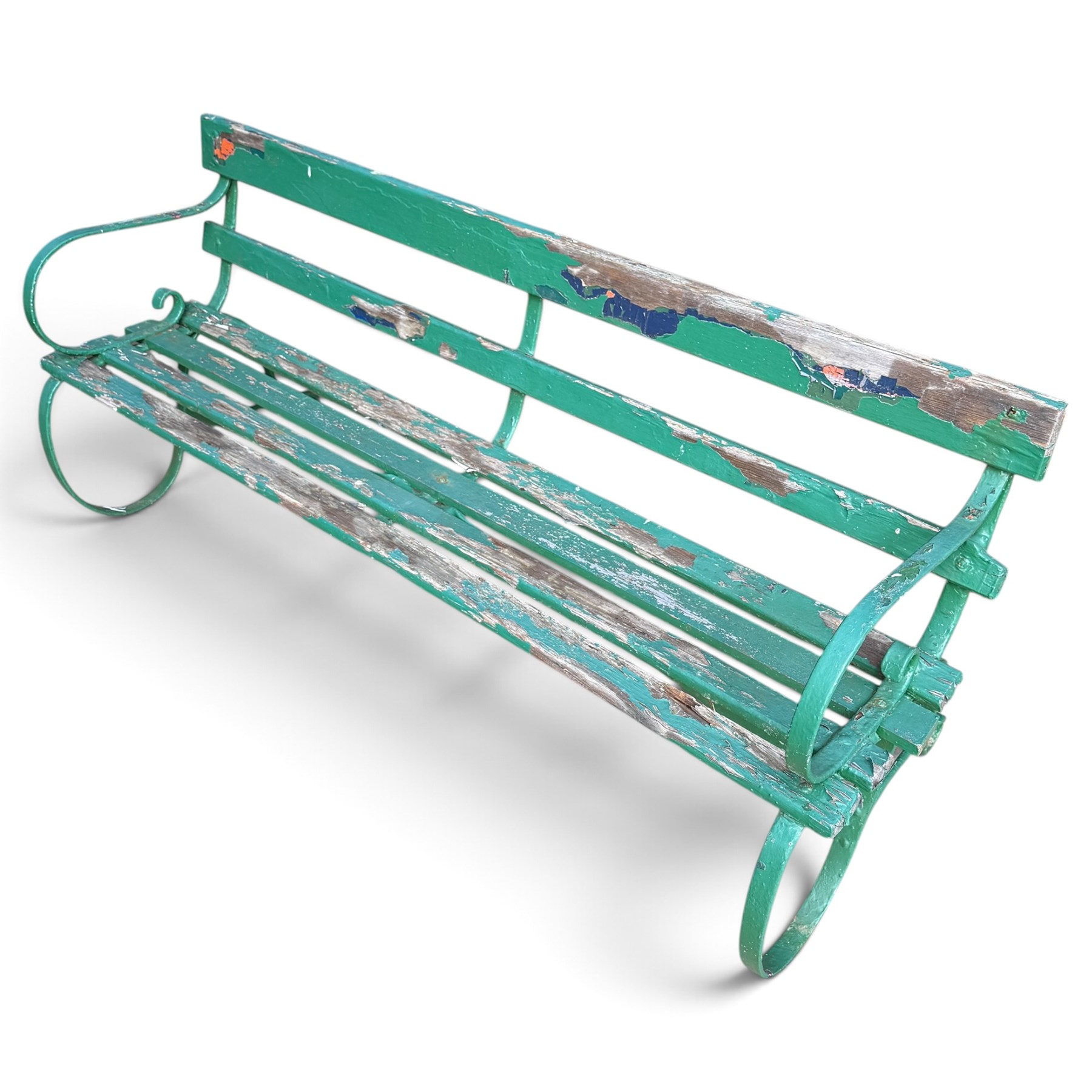Antique Regency design green-painted wrought iron and slatted garden bench, the scrolled loop-form strapwork end supports fitted with a slatted timber back and seat