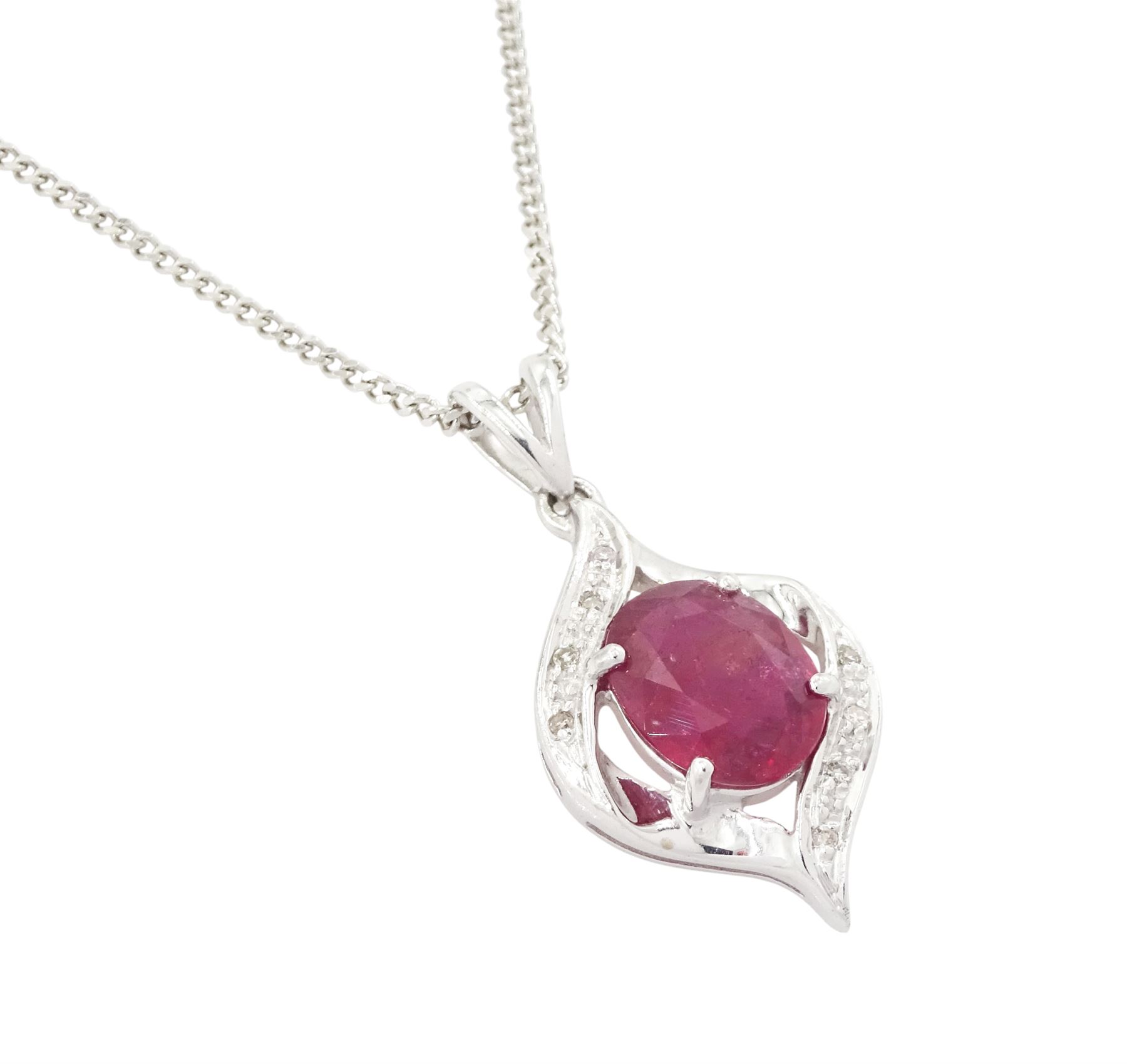 
18ct white gold ruby and diamond pendant necklace, single oval cut ruby of approx 2.50 carat, with single cut diamond surround, on a flattened curb link chain necklace