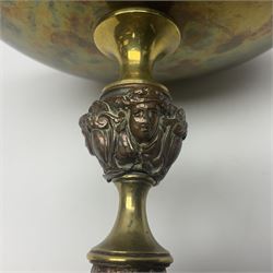 19th century French brass pedestal bowl, the circular bowl inset to centre with embossed copper plaque depicting the Goddess Diana with dog and bow, surrounded by a border of putti masks, leaves and berries, upon brass stem and foot, the stem with copper knop, embossed with three portraits of Diana, stamped C.Het. Co Depose beneath, H15.5cm