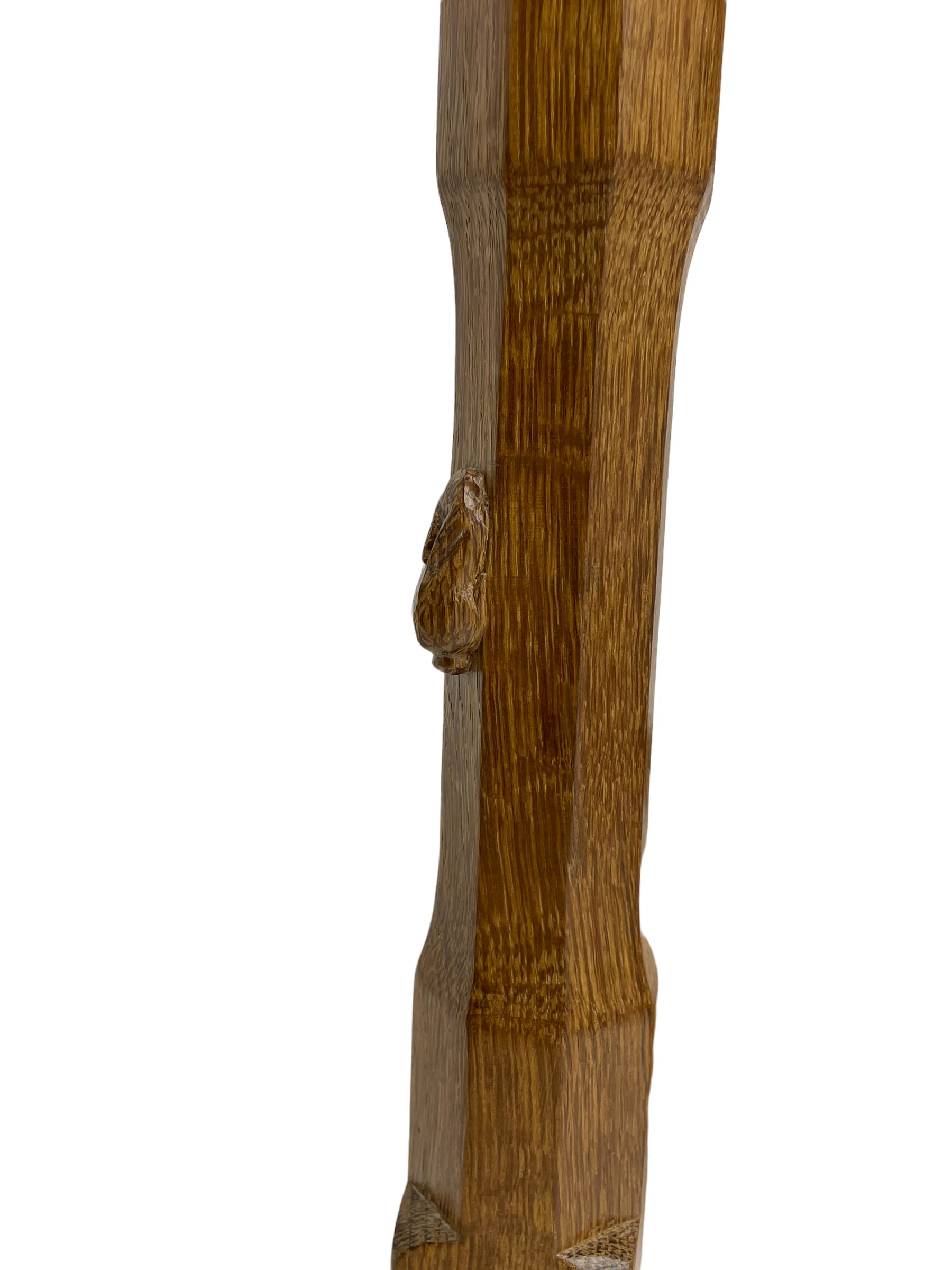 'Rabbitman' set of eight oak dining chairs, pierced lattice backs, upholstered seats with studwork band, octagonal front supports joined by stretchers, carved with rabbit signature, two carvers and six side chairs, by Peter Heap of Wetwang