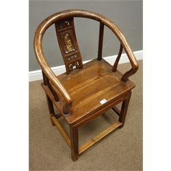  Chinese pine and hardwood horse shoe chair, splat carved with gilt figures, W53cm  