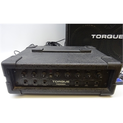  Pair of Torque TS 268H PA speakers and Torque T250SK 50+50 watt stereo keyboard amplifier, microphones and various audio cables  