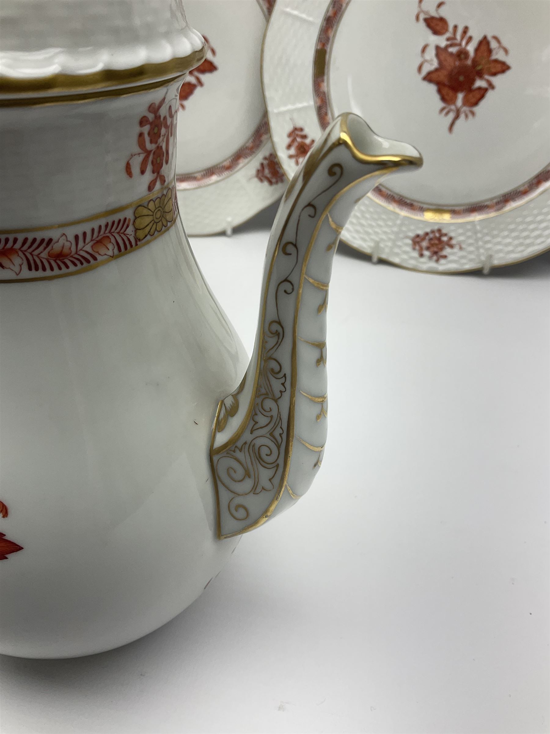 Herend Chinese Bouquet Rose pattern tea service comprising teapot, coffee pot, open sucrier, six cups and saucers, six tea plates, cream jug and stand, milk jug, two teabag holders, preserve pot, two leaf shaped dishes, four egg cups, salt & pepper pots, pair side plates and another plate