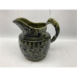 Three jardinières comprising West German Gerz example decorated in relief, Doulton Slaters example with frilled everted rim and a majolica example, and a further two Arthur Wood majolica jugs (5)