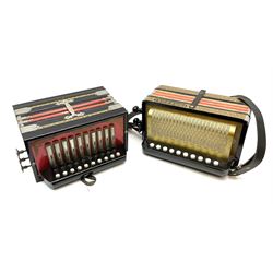 Hohner Germany ten-button melodeon with poker work decoration L32cm; and another German ten-button melodeon (2)
