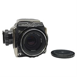 Bronica S2a, type 2 camera body, Serial no. CB152124, with 'Nikon NIKKOR-P 1:2.8 f=75mm' lens, serial no. 190143, in original box 