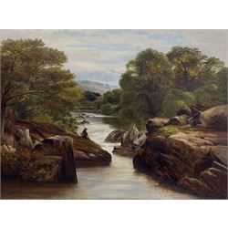 Thomas Spinks (British 1847-1927): 'Fishing on the Lledre' North Wales, oil on canvas unsigned 75cm x 100cm