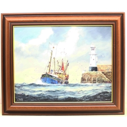 Jack Rigg (British 1927-): Trawler Rounding the Lighthouse, oil on board signed 34cm x 44cm