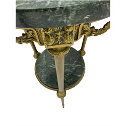 Late 20th century two tier side table, ornate moulded gilt metal base decorated with floral garlands, circular green and white veined marble top and undertier 