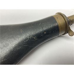 19th century James Dixon & Sons leather covered powder flask with patent action adjustable shot measure to dispense 2 1/4 - 3 drams; marked Parker Hale Ltd. Birmingham England L20cm