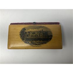 Six sewing related Mauchline ware comprising an oval reel box with internal label for Clark & Co's, tape measure, pin case and three thimble holders of ovoid form 