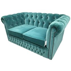 Sofas by Saxon - Chesterfield shape two-seat sofa, upholstered in buttoned aqua blue velvet fabric