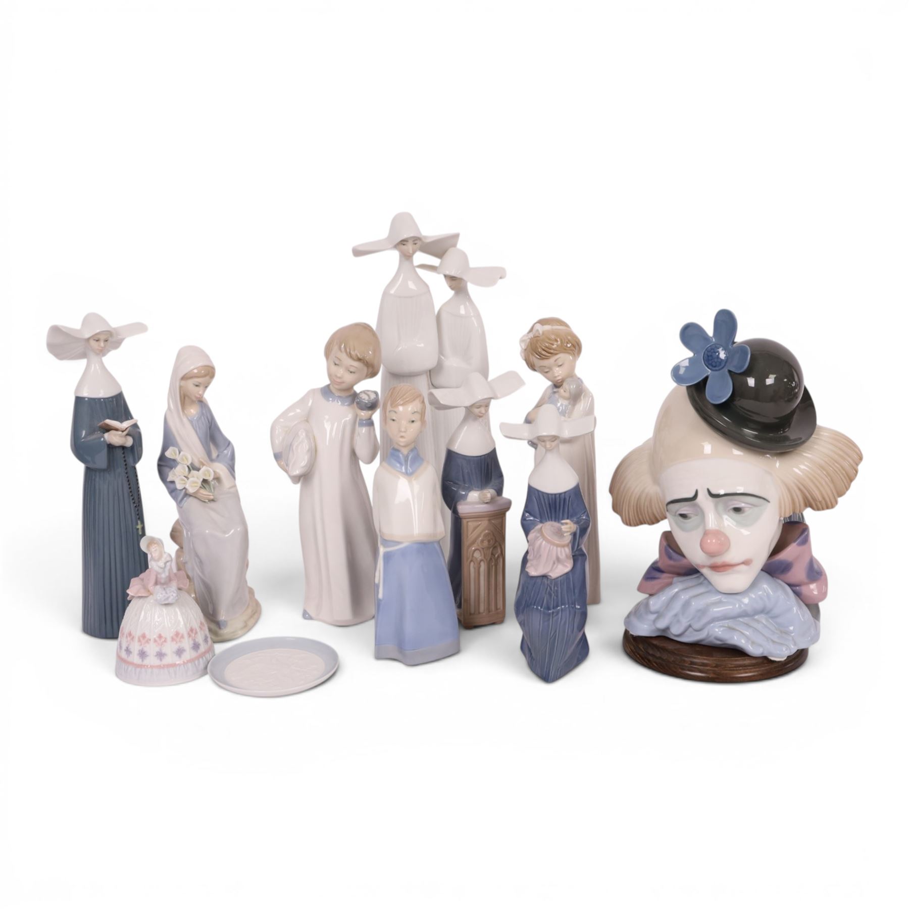 Six Lladron figures including Pensive Clown 5130, White Nuns 4611, Girl with Lilies Sitting 4972 etc together with three similar models 