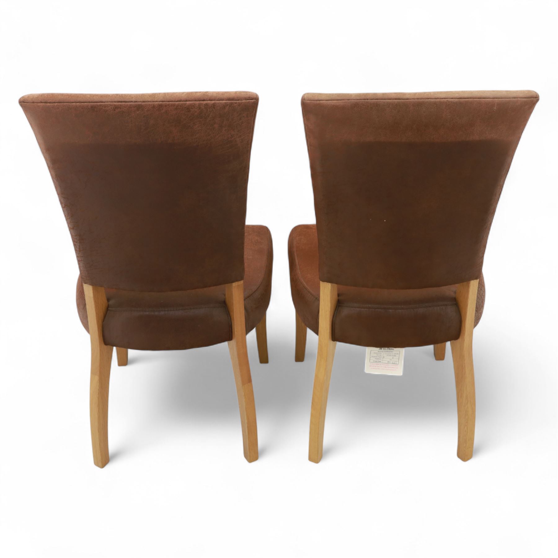 Contemporary oak dining suite, comprising rectangular table with solid top and square legs, together with four brown leather upholstered dining chairs with oak legs (5)