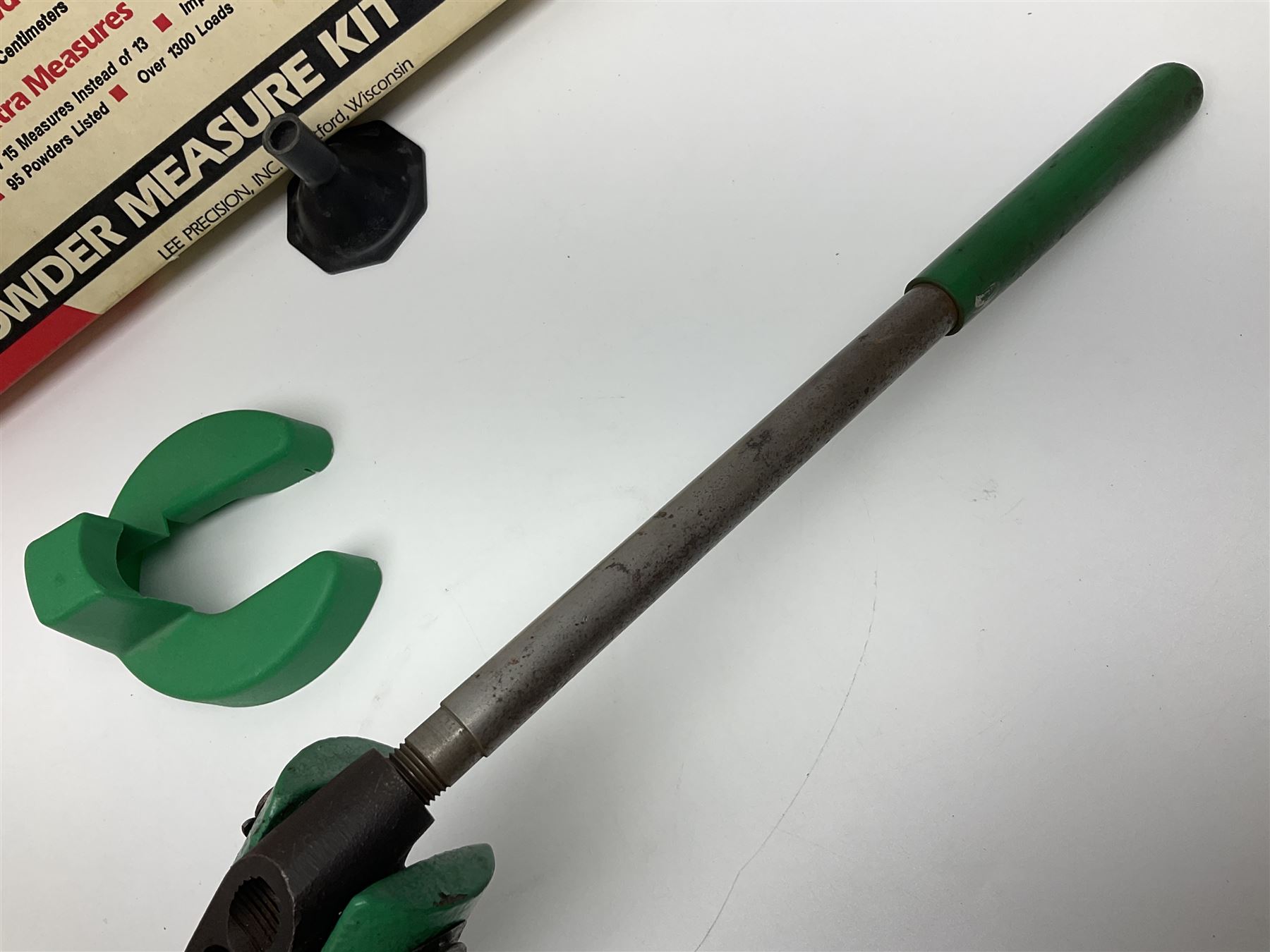 RCBS single station loading press with shell holder and powder funnel; and boxed Lee Powder Measure Kit