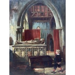 James Lobley (British 1828-1888): Boy Stood Before the Tomb of a Knight, oil on canvas board signed 42cm x 32cm 