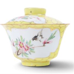 Famille jaune rice bowl, cover, and saucer, decorated with a bird in a blossoming branch, H10cm