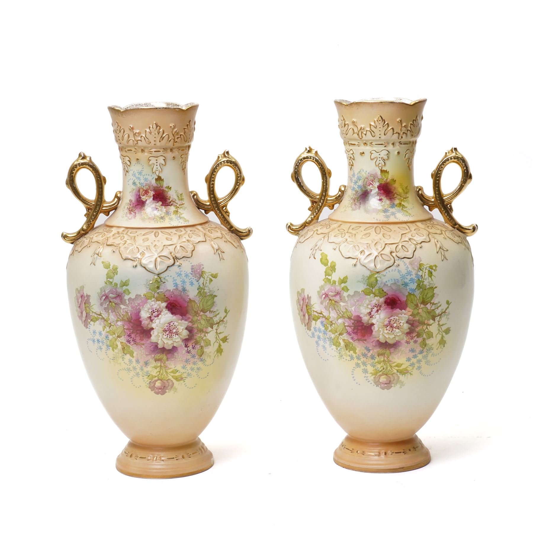 Pair of early 20th century S Fielding & Co. Royal Devon blush ivory ground vases, H38cm