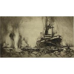 Frank Henry Mason (Staithes Group 1875-1965): The Collier Transport 'River Clyde' landing troops at V Beach, Sedd el Bahr in the Dardanelles 25th April 1915, dry point etching signed in pencil, original title label verso 19cm x 31cm 
Provenance: from the estate of Christine Dexter and by descent from the artist's sister Eleanor Marie (Nellie)