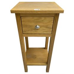 Light oak bedside stand, fitted with single drawer, on square supports joined by under-tier 