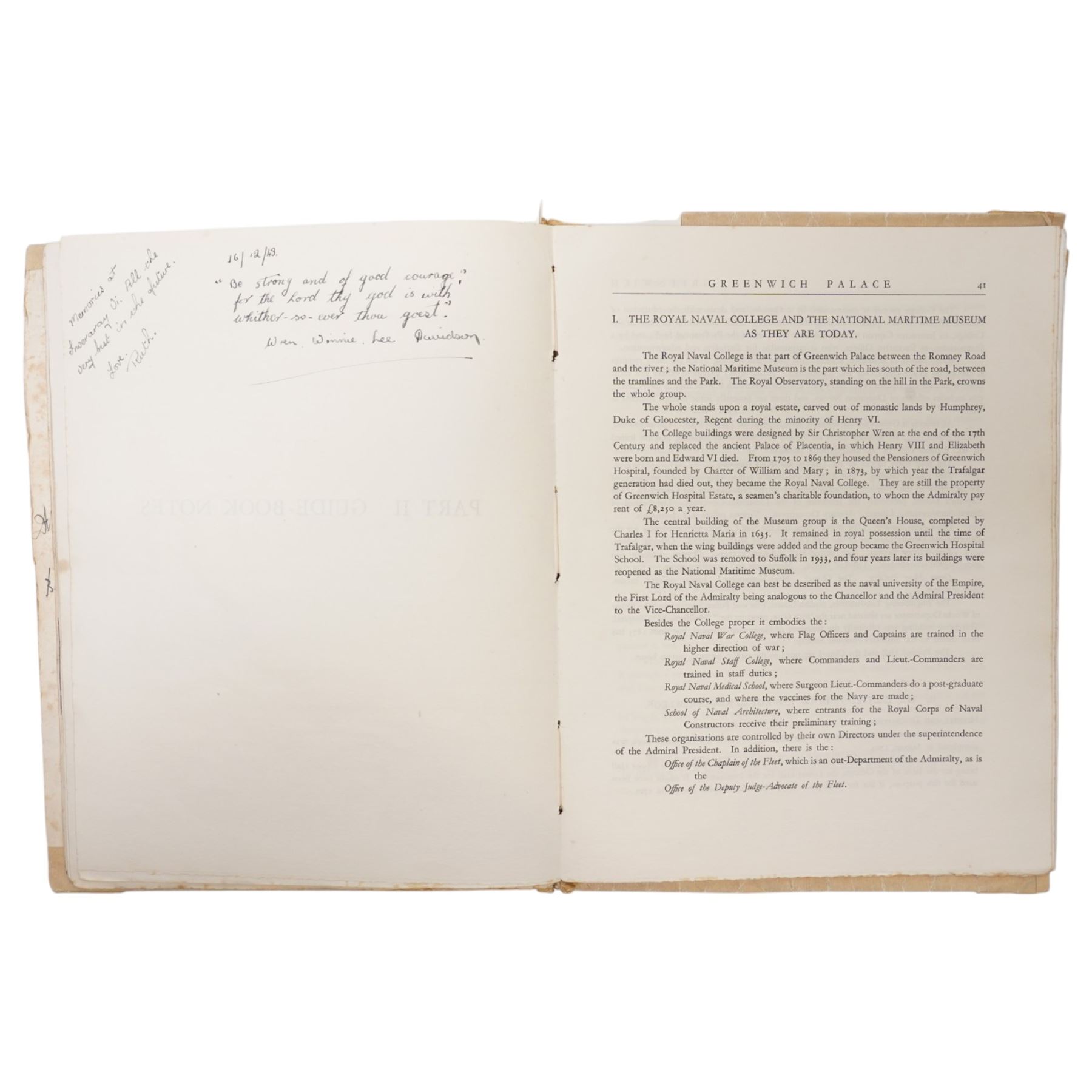 Violet Elizabeth Clifford - Chief Petty Officer 1940-1946, copy of Greenwich Palace  Guide Book containing a collection of photographs, autographs, drawings etc collected during her time at the Combined Operations Training Centre, Inverary which closed in 1946, together with a White Ensign 