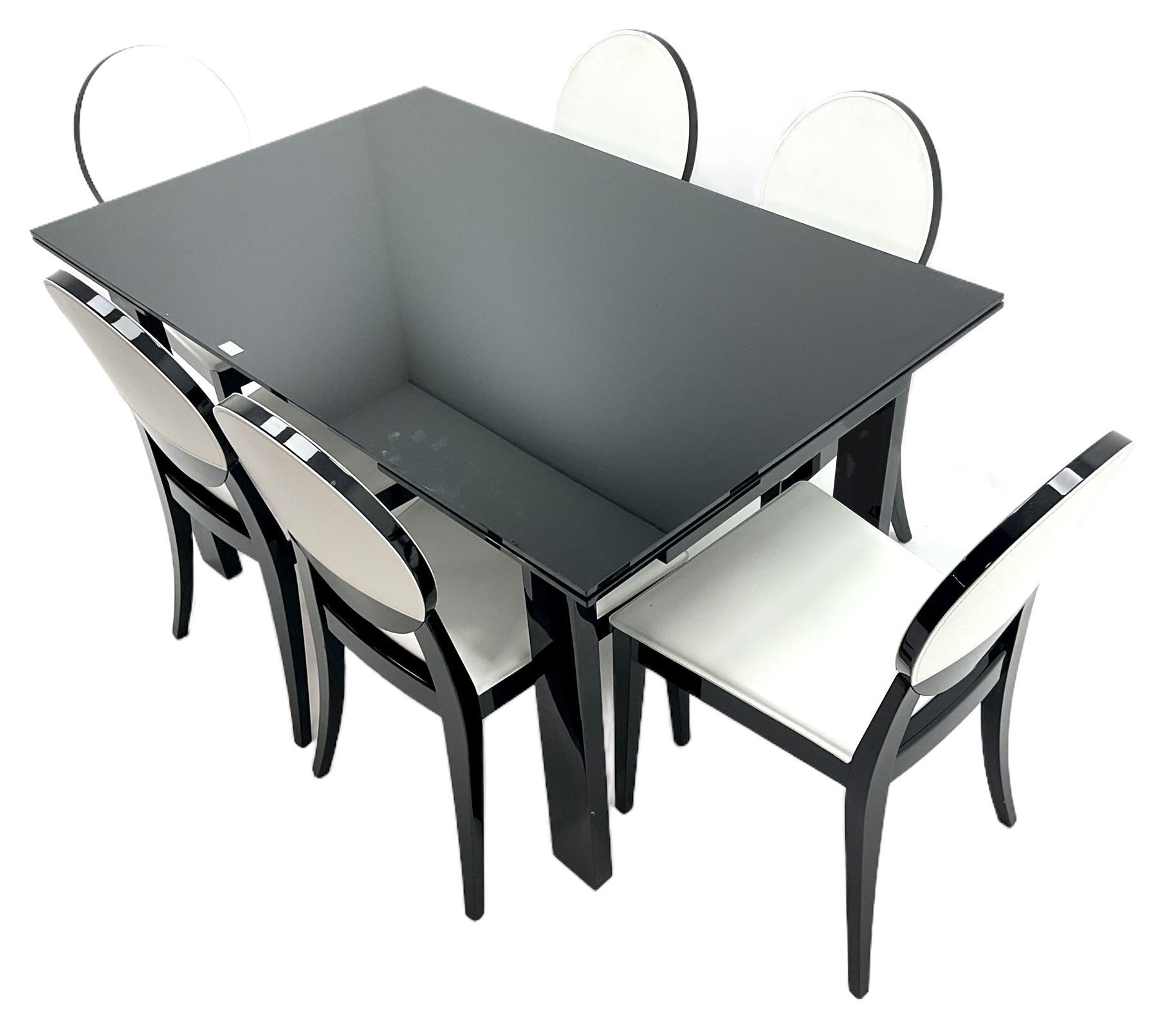 Casabella Dolce Vita black gloss and glass extending dining table, rectangular, and set six chairs black and white dining chairs