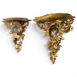   Giltwood and gesso wall bracket of leaf design with serpentine shelf W31cm and a smaller...