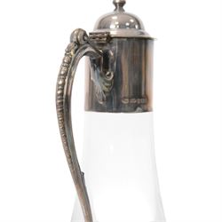Silver mounted glass claret jug, with etched personalisation to body, hallmarked, H30cm