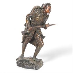 Bronzed spelter figure, depicting French marine, marked to the base YPRES, H31cm