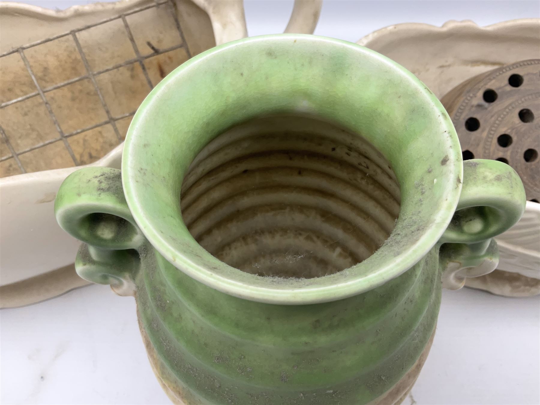 Two Arthur Wood twin handled vases to include one example in the Garden Wall pattern, together with a Beswick Ware merging green, yellow and cream vase, all with marks beneath, tallest H23cm