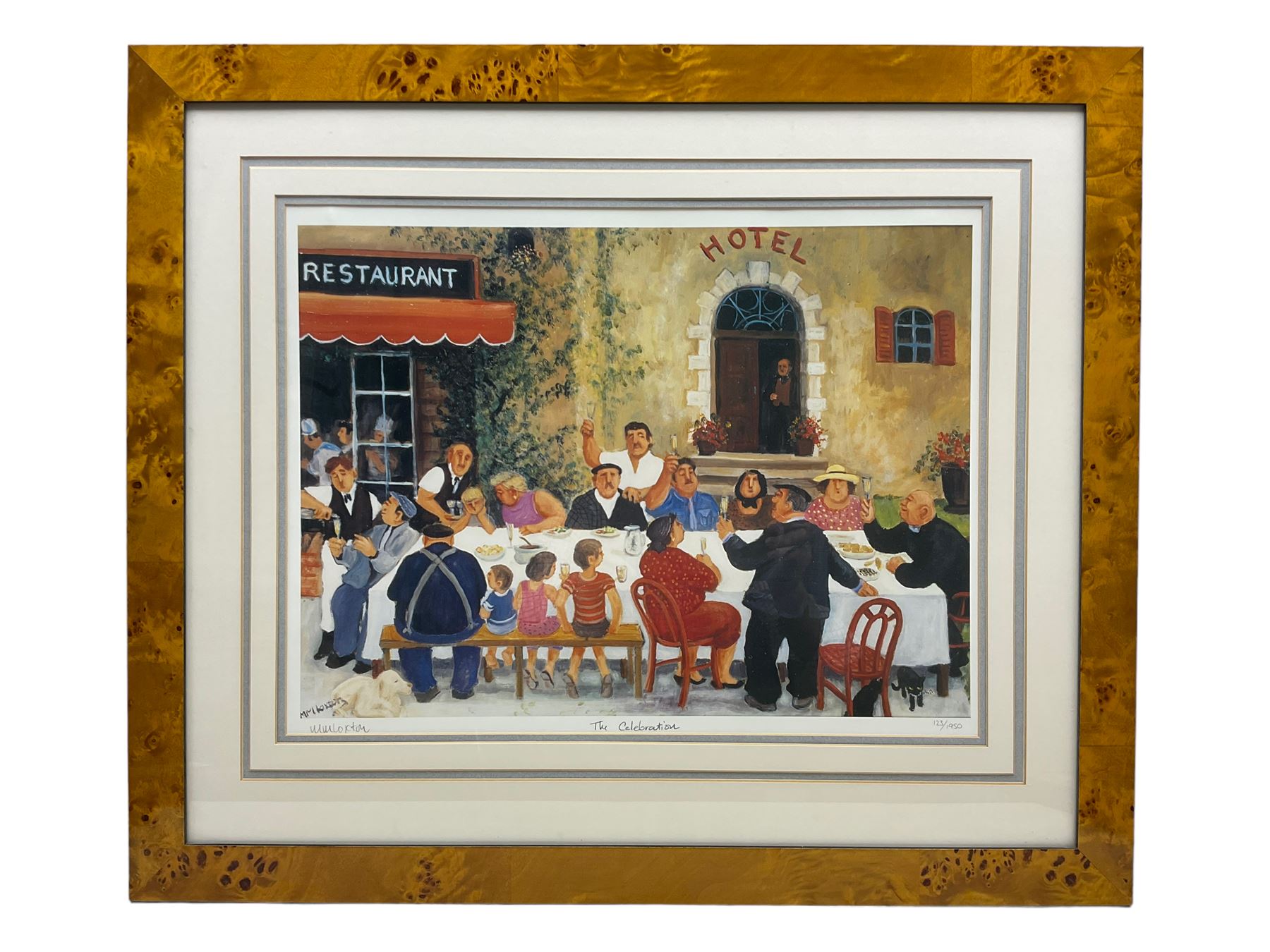 Margaret Loxton (British 1938-): 'The Celebration', limited edition colour print signed and numbered 123/1950 in pencil 37cm x 48cm; 'Olives & Sunflowers', 'Café de France', 'Lavender Harvest - Lacoste' and 'Boules Players', set four limited edition colour prints signed and numbered 335/1950 in pencil max 28cm x 34cm (5)