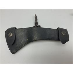 Post-War military type fireman's axe impressed 'PERKS 1953/54' with additional indistinct mark probably WD arrow, ash handle L39cm; and another stonemason's(?) double headed axe with mallet shaped shaft (2)